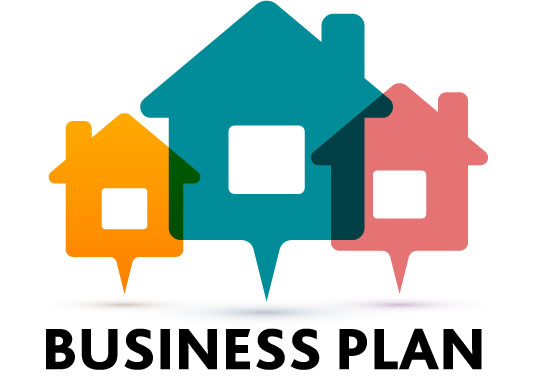 An icon featuring three houses and the words "Business Plan."