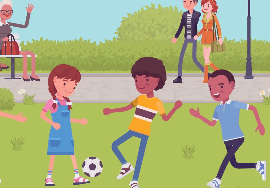 Illustration of children in a park playing football, with passers-by in the background.