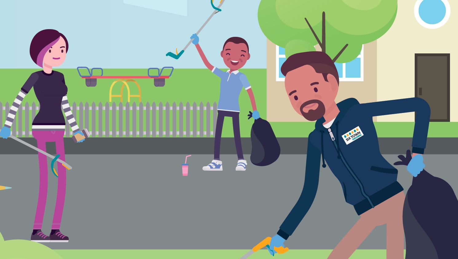 Illustration of three people joining in a community litterpick with one wearing a Six Town Housing uniform.