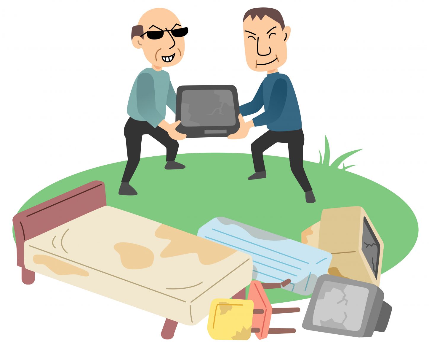 An illustration of two men fly-tipping bulky items