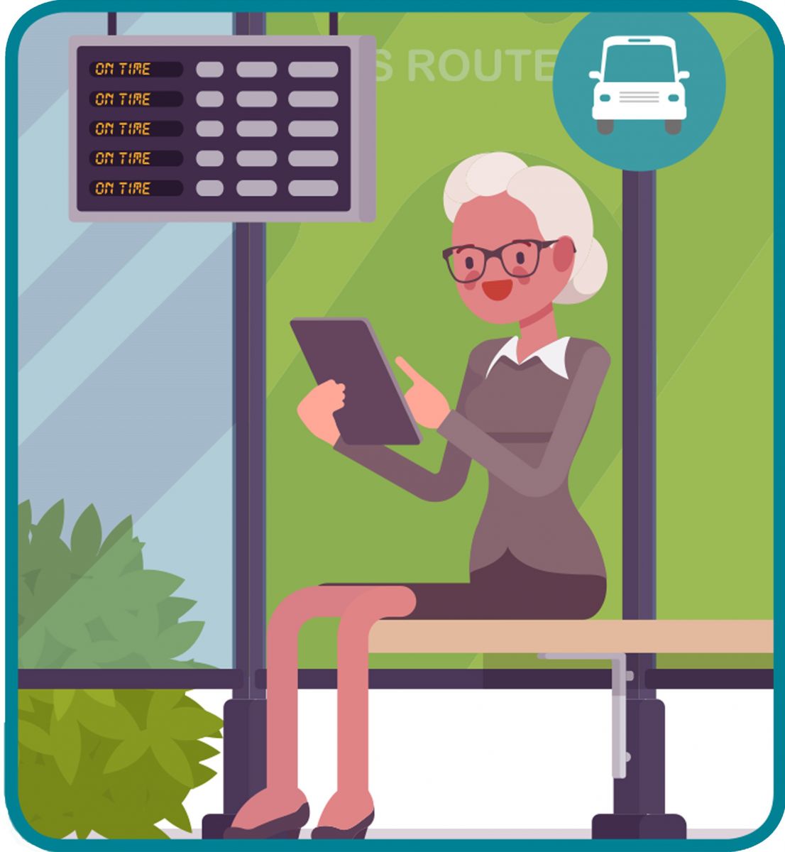 Elderly lady using a tablet at a bus stop 